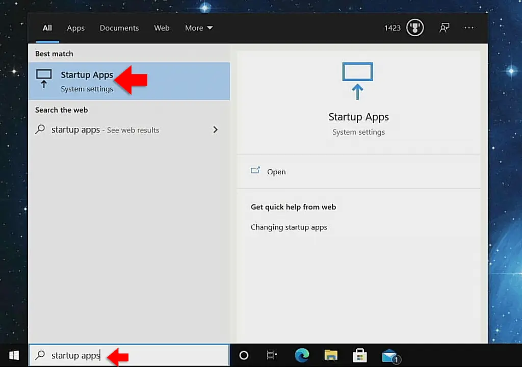 open startup apps from windows search