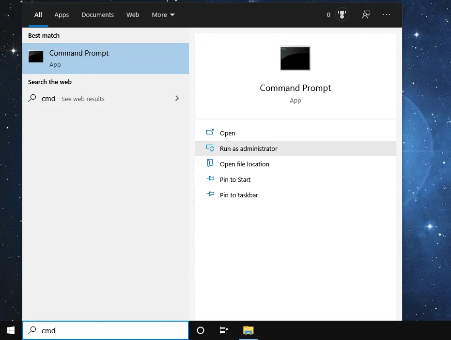 Open command prompt as administrator in windows 10
