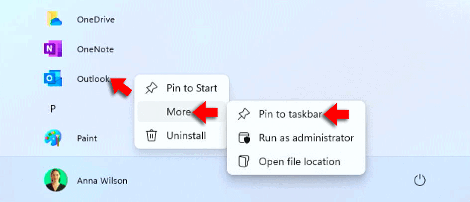 Haga clic derecho en el ícono de la aplicación, vaya a más, seleccione anclar a la barra de tareas en Windows 11