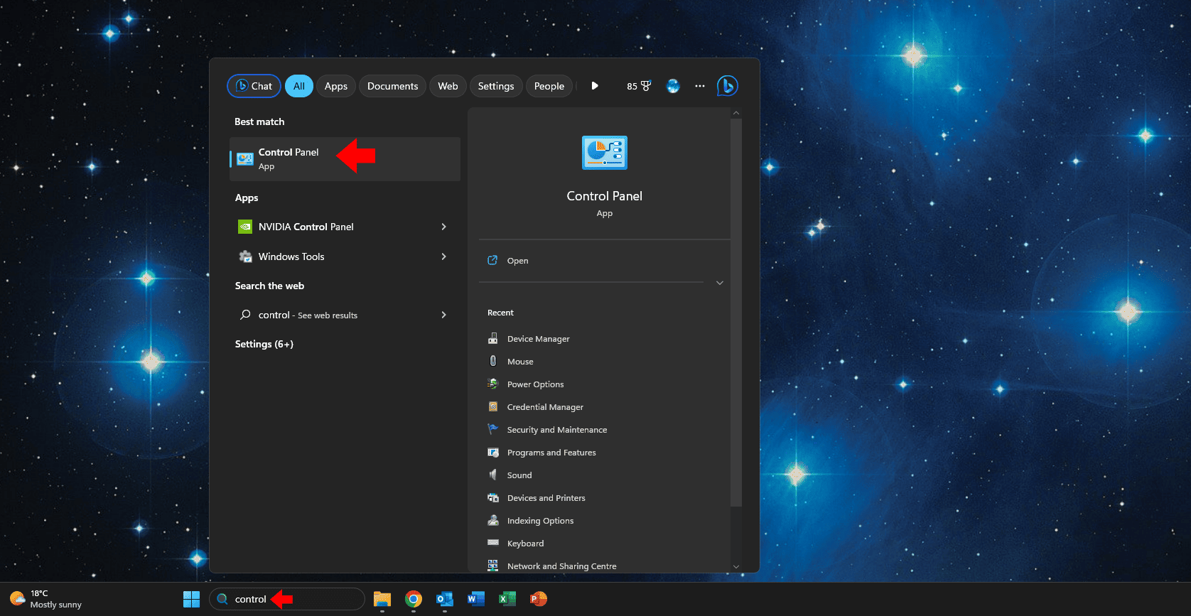 Search for control panel in windows 11