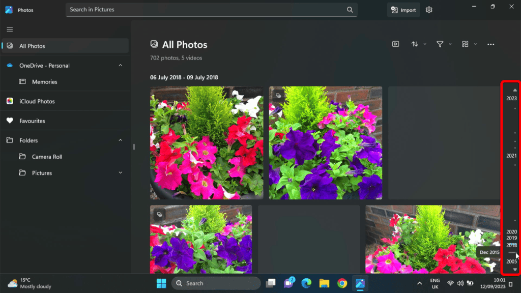 Time line on Windows 11 Photos App