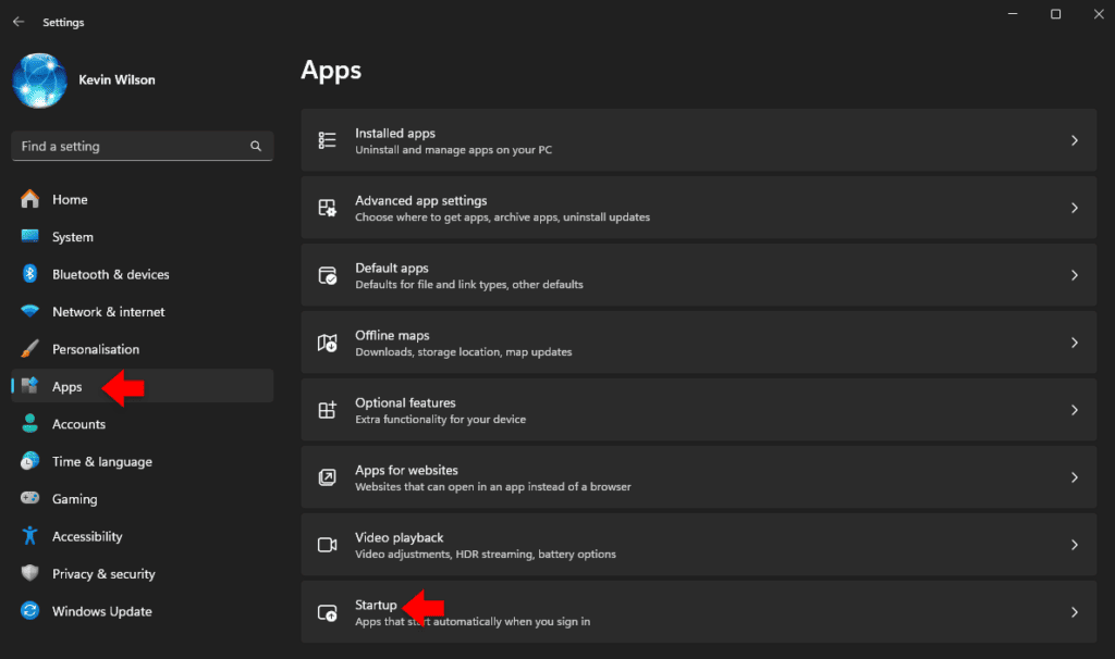 Startup apps in the windows 11 settings app