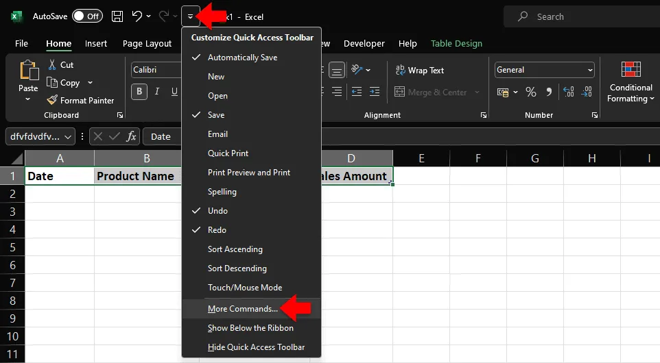 Open 'more commands' from excel quick access toolbar