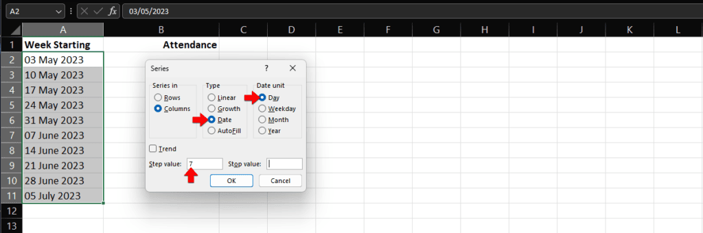 select 'date' in the 'type' section, then in the 'date unit' section select 'day'. Since we're incrementing by a week (7 days), enter 7 in the 'step' value field.