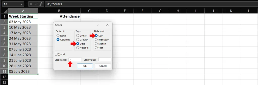 select 'date' in the 'type' section, then in the 'date unit' section select 'day'. Since we're incrementing by a week (7 days), enter 7 in the 'step' value field.