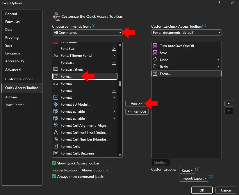 Add 'form' to quick access toolbar in 'excel options'