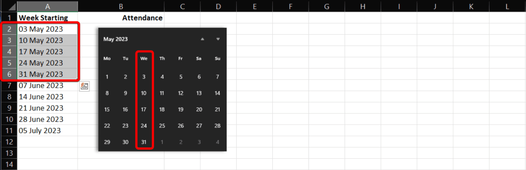 compare dates generated in excel will calendar