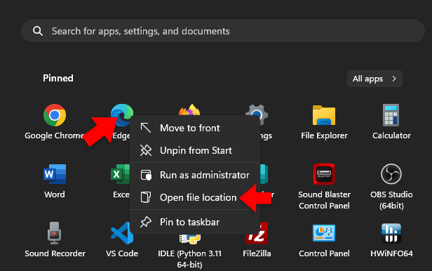 Right click on icon on Windows 11 Start Menu. Select 'open file location'