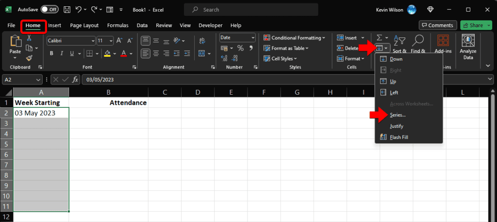 Excel autofill series