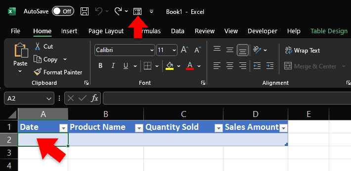 Click 'forms' icon on quick access toolbar in Excel.