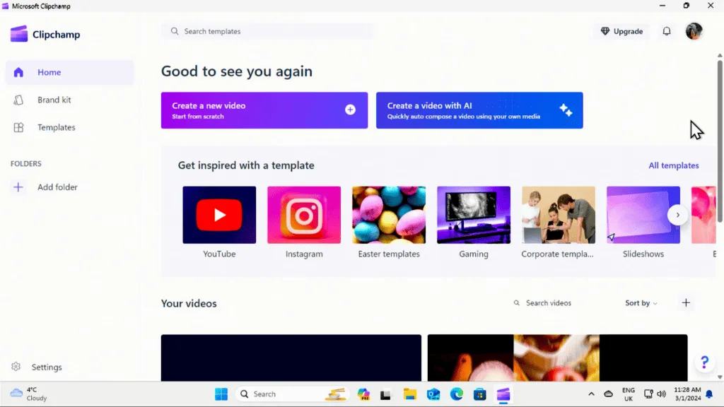 ClipChamp main screen