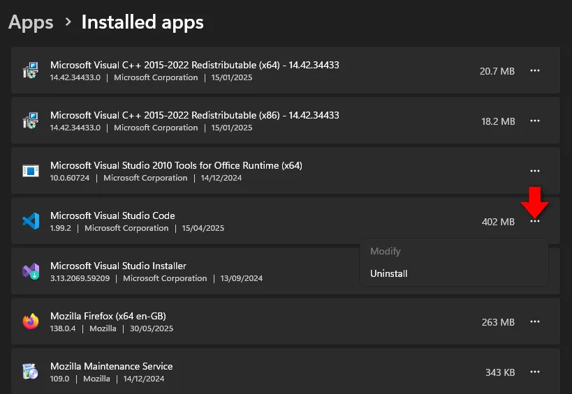 Remove installed apps from windows 11